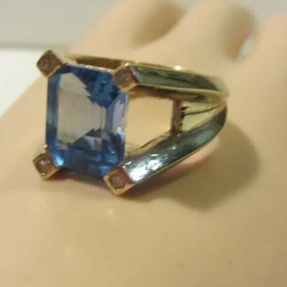 Blue Topaz & Diamond Ring 14K Custom Design Vintage - Picture 5 of 9